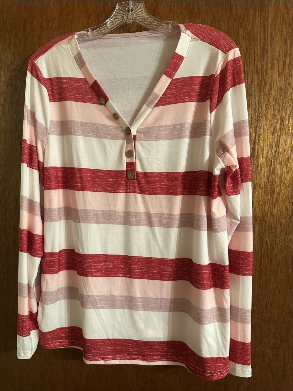 SHEIN Red Pink Striped Long Sleeve Henley Top